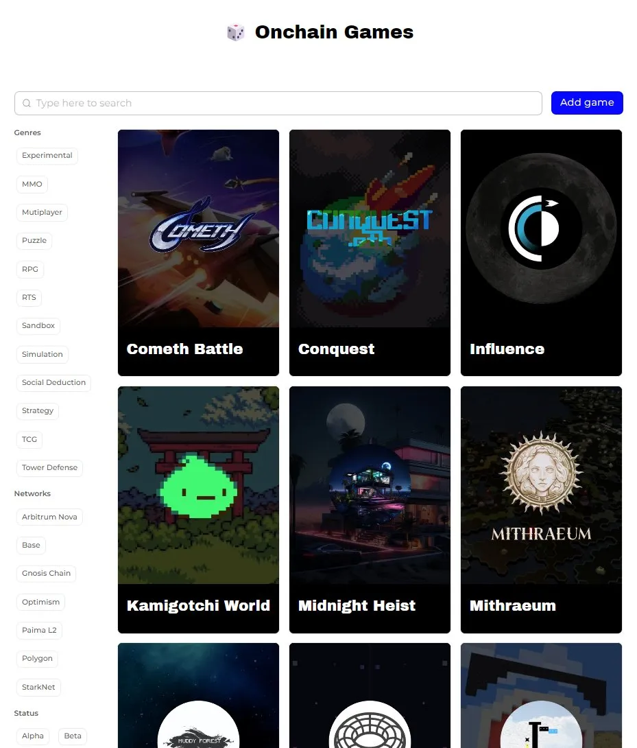 The game database, filterable by genre, network and status, showing game cards for Cometh Battle, Conquest, Influence, Kamigotchi World, Midnight Heist and Mithraeum