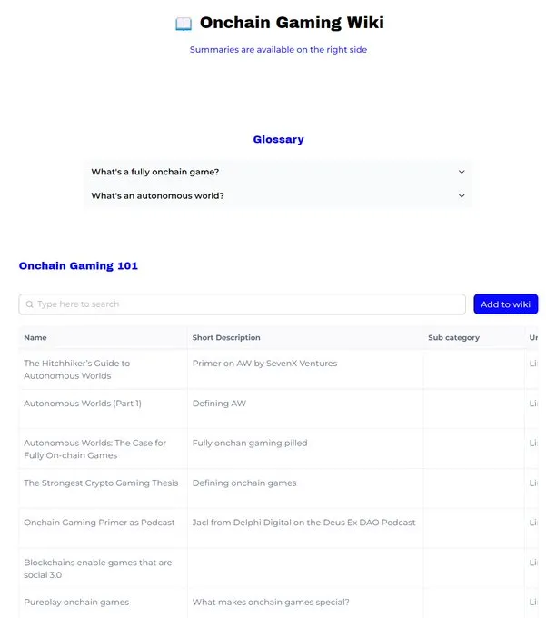 The wiki, with a glossary of onchain gaming terms above a searchable table of articles and their hand-written summaries